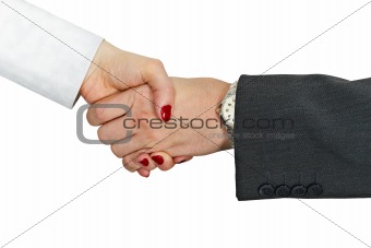 Hand shake of man and woman on white background