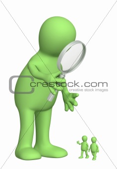 Giant with a magnifier and small people