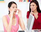 Businesswoman asking for silence while her colleague shouting