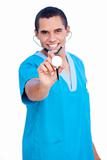 Self-assured male doctor wearing blue uniform holding a stethosc