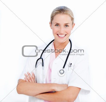 Caucasian female doctor folding arms