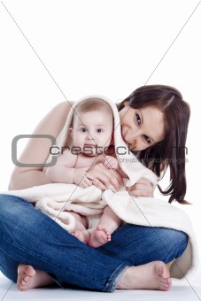 portrait of mother with her  little baby girl -isolated on white