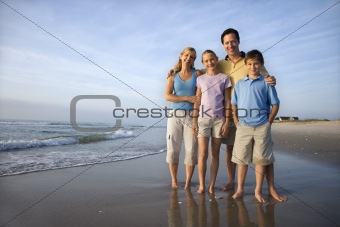 Smiling family on beach.