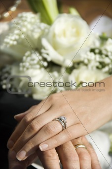 Bride's hand on top of groom's.