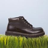 Black leather shoe resting on grass.