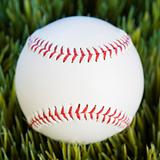 Close-up of baseball resting in grass.