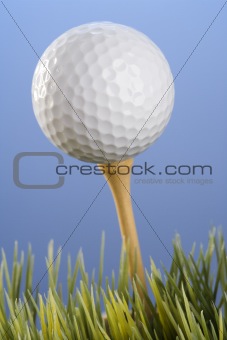 Golfball on a tee in grass.