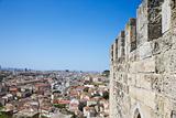 Aerial view of town from castle structure in Lisbon, Portugal.