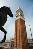 Horse statue and Campanile in Piazza San Marco in Venice, Italy.