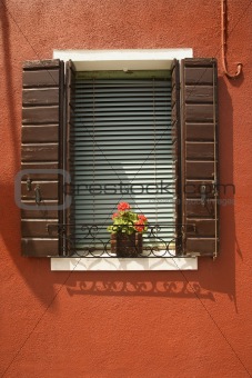 Red geraniums on window sill.