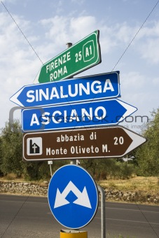 Italian road signs pointing different directions.