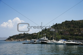 Boats in marina next to coastal villa.