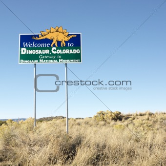 Welcome sign for city of Dinosaur, Colorado, USA.