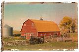 Polaroid transfer of red barn and fence.