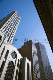 Low angle view of tall buildings in downtown Atlanta, Georgia.