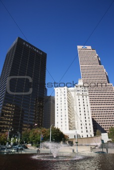 Tall buildings with water fountain in downtown Atlanta, Georgia.