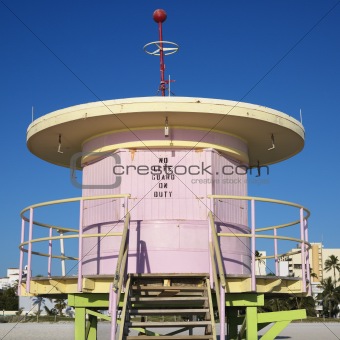 Pink lifeguard tower closed up in Miami, Florida, USA.