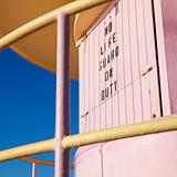 Pink lifeguard tower closed in Miami, Florida, USA.