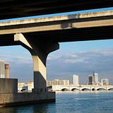 Waterfront skyline with bridge in Miami, Florida, USA.