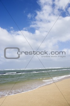 Landscape of waves lapping on beach.