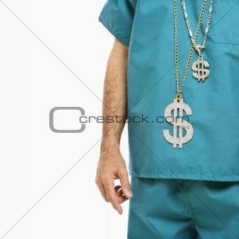 Doctor with dollar sign necklaces.