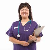 Woman dressed in scrubs with clipboard.