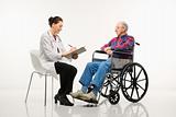 Doctor taking notes with an elderly man in wheelchair to her sid
