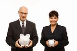 Businesspeople holding piggybanks.