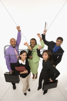 Business people cheering holding briefcases.