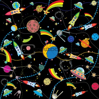 similar black space background with rockets and planets 