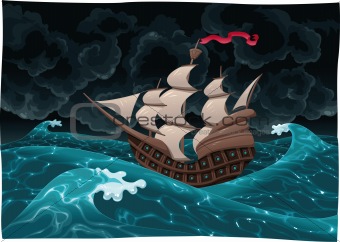 Galleon in the sea with storm.