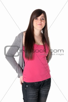 Young female satisfied expression "I got to got" isolated on white background.