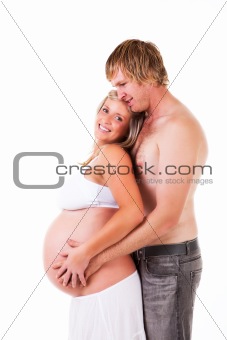 Expecting Couple Standing Shirtless - Isolated