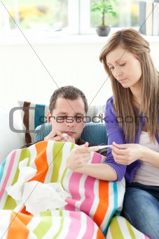 Radiant woman taking care of her husband