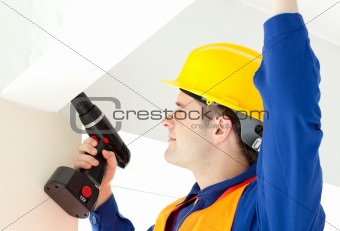 Busy electrician repairing a power plan