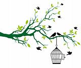 spring tree with birdcage and kissing birds