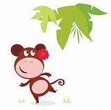 Exotic cute dancing monkey with red flower and palm leaf behind