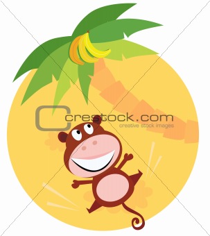 Jumping brown monkey trying to reach banana