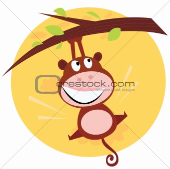 Brown cute monkey hanging from tree