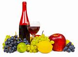 Still life - bottle of red wine and fruits on white background