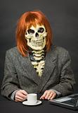 Horrible man - skeleton with red hair drinking coffee
