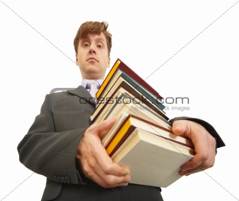 Waggish man holding pile of textbooks