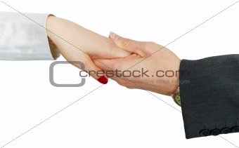 Women's hand in man's hand on white