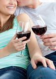 Close-up of a young couple drinking red wine