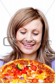 Bright woman holding a pizza
