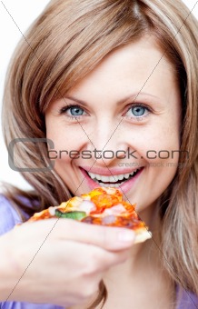 Lively woman holding a pizza