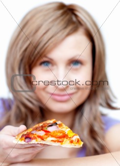 Attractive woman holding a pizza