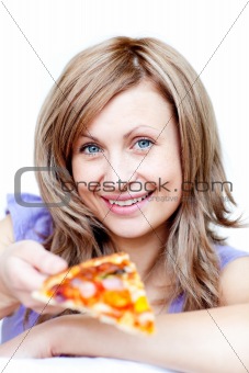 Joyful woman holding a pizza
