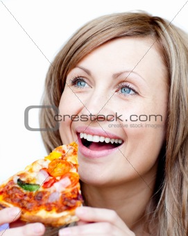 BrighCheerful woman holding a pizza against a white background