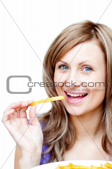 Bright woman holding chips